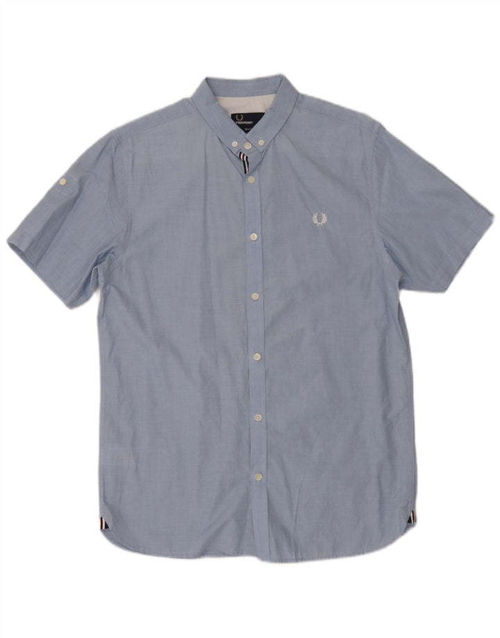 Fred Perry Ανδρικό κοντομάνικο πουκάμισο με λεπτή εφαρμογή, μεσαίο μπλε βαμβακερό
