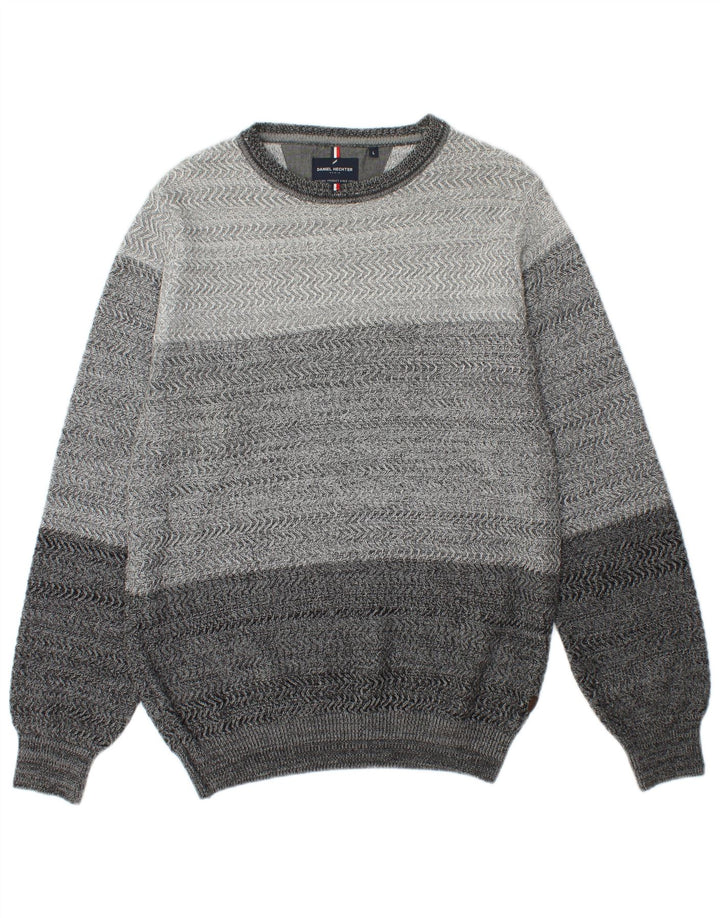 DANIEL HECHTER Mens Crew Neck Jumper Sweater Large Grey Chevron Cotton