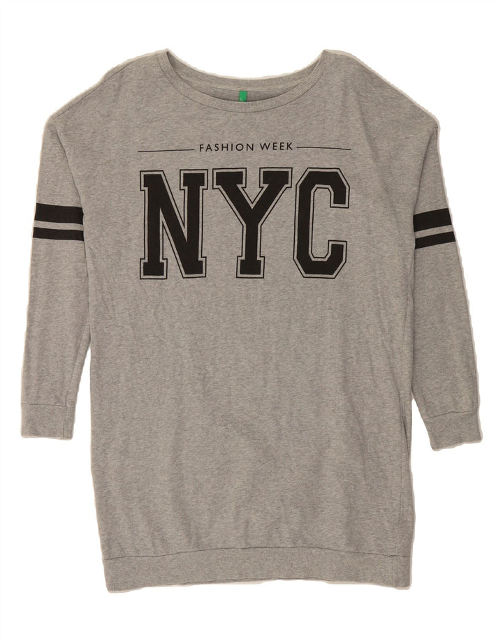 BENETTON Womens Longline Graphic Sweatshirt Jumper UK 14 Medium Grey Vintage Benetton and Second-Hand Benetton from Messina Hembry 