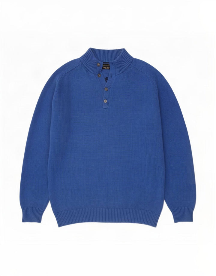 Ανδρικό πουλόβερ Massimo Dutti με κουμπιά για λαιμό 2XL μπλε βαμβακερό