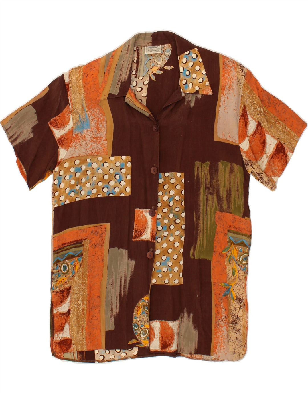 ST. BERNARD Womens Short Sleeve Shirt UK 10 Small  Brown Patchwork Cupro Vintage St. Bernard and Second-Hand St. Bernard from Messina Hembry 