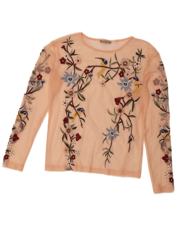 Zara Womens Long Sleeve See Through Top UK 10 Small Pink Floral