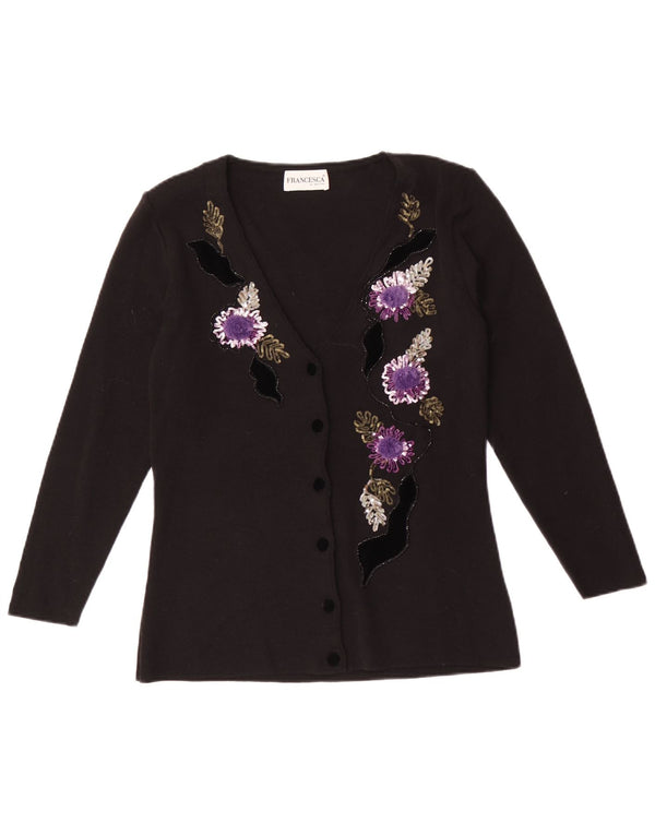Francesca Womens By Sottini Cardigan Πουλόβερ UK 14 Μεγάλο μαύρο φλοράλ μαλλί