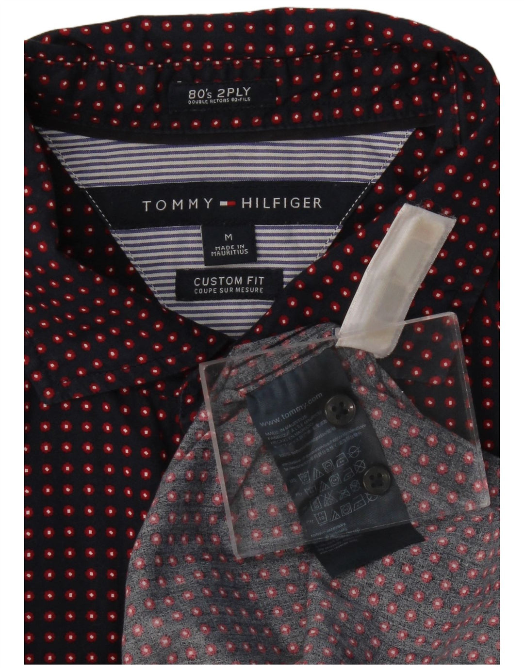 TOMMY HILFIGER Mens Custom Fit Shirt Medium Navy Blue Spotted Cotton