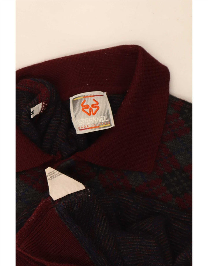 Stefanel Mens Polo Neck Jumper Sweater Medium Burgundy Argyle/Diamond Wool