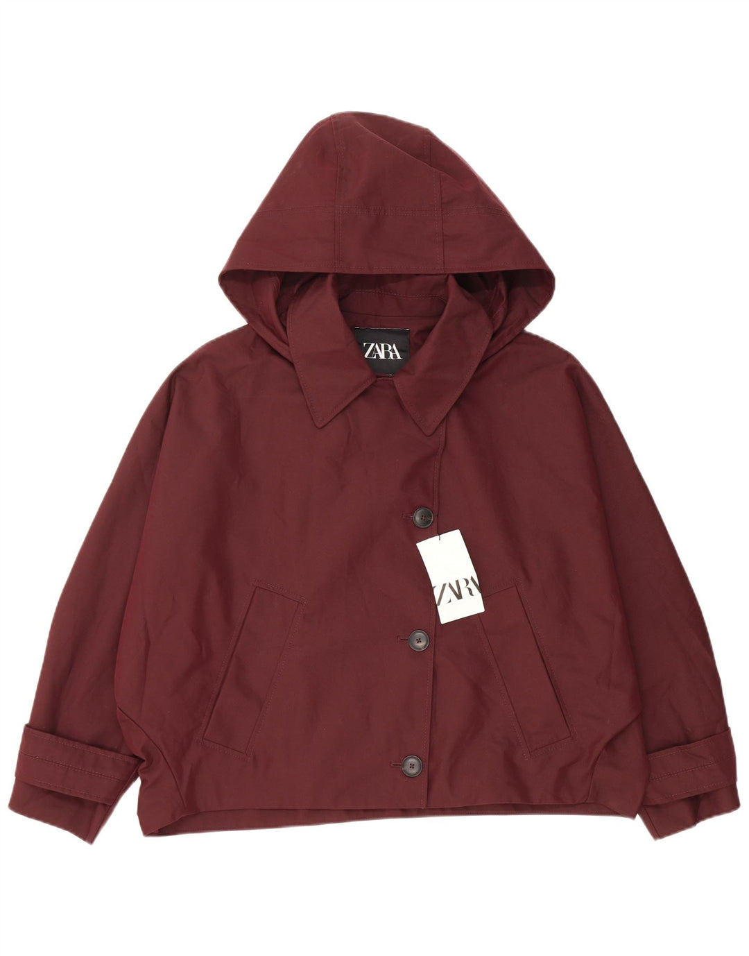 Zara Γυναικείο μπουφάν με κουκούλα Oversized Bomber UK 14 μεσαίο βαμβακερό μπορντό