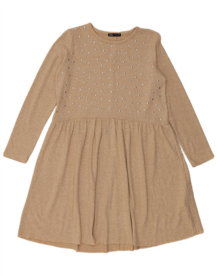 ZARA Womens Long Sleeve Jumper Dress UK 14 Medium Beige Polyester