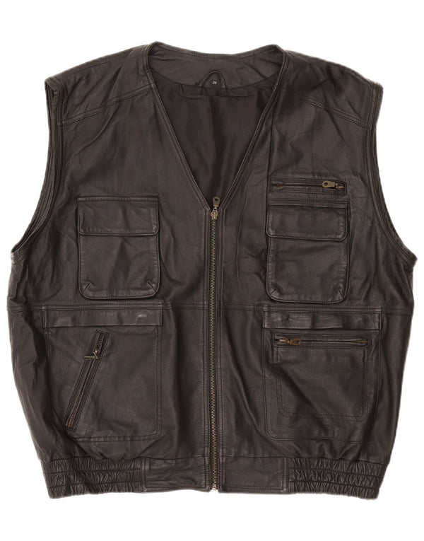 VINTAGE Ανδρικό Δερμάτινο Gilet UK 42 XL Μαύρο Δερμάτινο