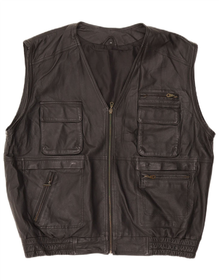 VINTAGE Ανδρικό Δερμάτινο Gilet UK 42 XL Μαύρο Δερμάτινο