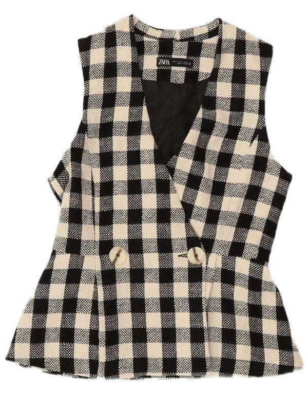 ZARA Γυναικείο Gilet με διπλό στήθος UK 10 Small Black Check Cotton