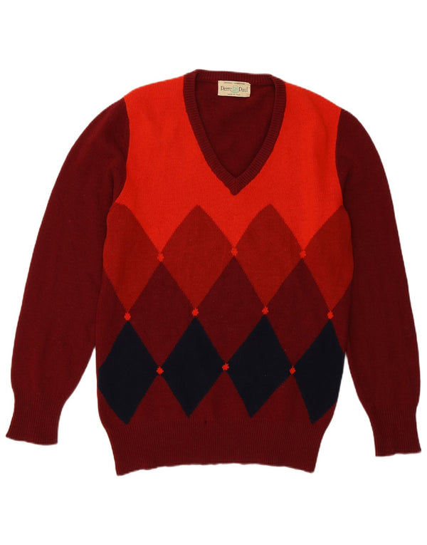 Vintage ανδρικό πουλόβερ με λαιμόκοψη σε μεσαίο μπορντό Argyle/Diamond Lambswool