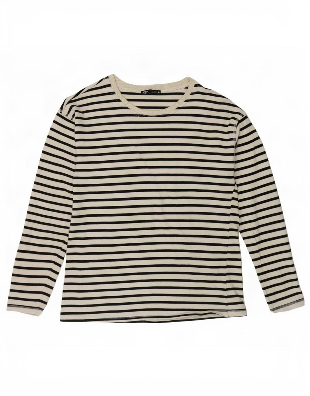Zara Γυναικείο τοπ μακρυμάνικο UK 10 Small White ριγέ βαμβακερό