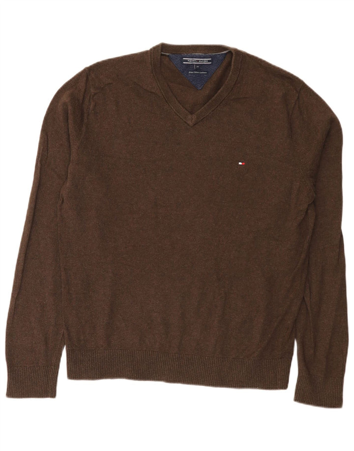 Ανδρικό πουλόβερ Tommy Hilfiger με V λαιμόκοψη, μεσαίο καφέ βαμβακερό