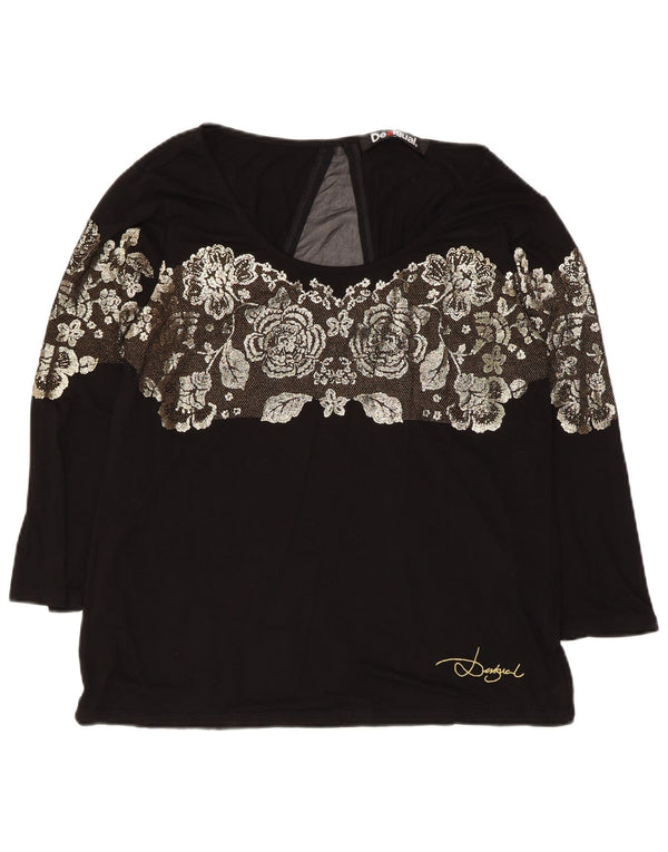 DESIGUAL Womens 3/4 Sleeve Blouse Top UK 18 XL Black Floral Viscose