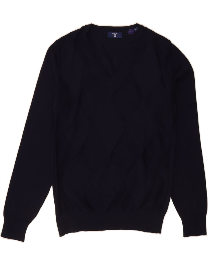 GANT Mens V-Neck Jumper Sweater Small Navy Blue Wool Vintage Gant and Second-Hand Gant from Messina Hembry 
