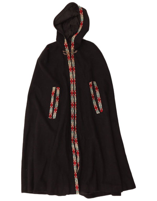 Vintage γυναικείο παλτό με κουκούλα Cape One Size Μαύρο γεωμετρικό
