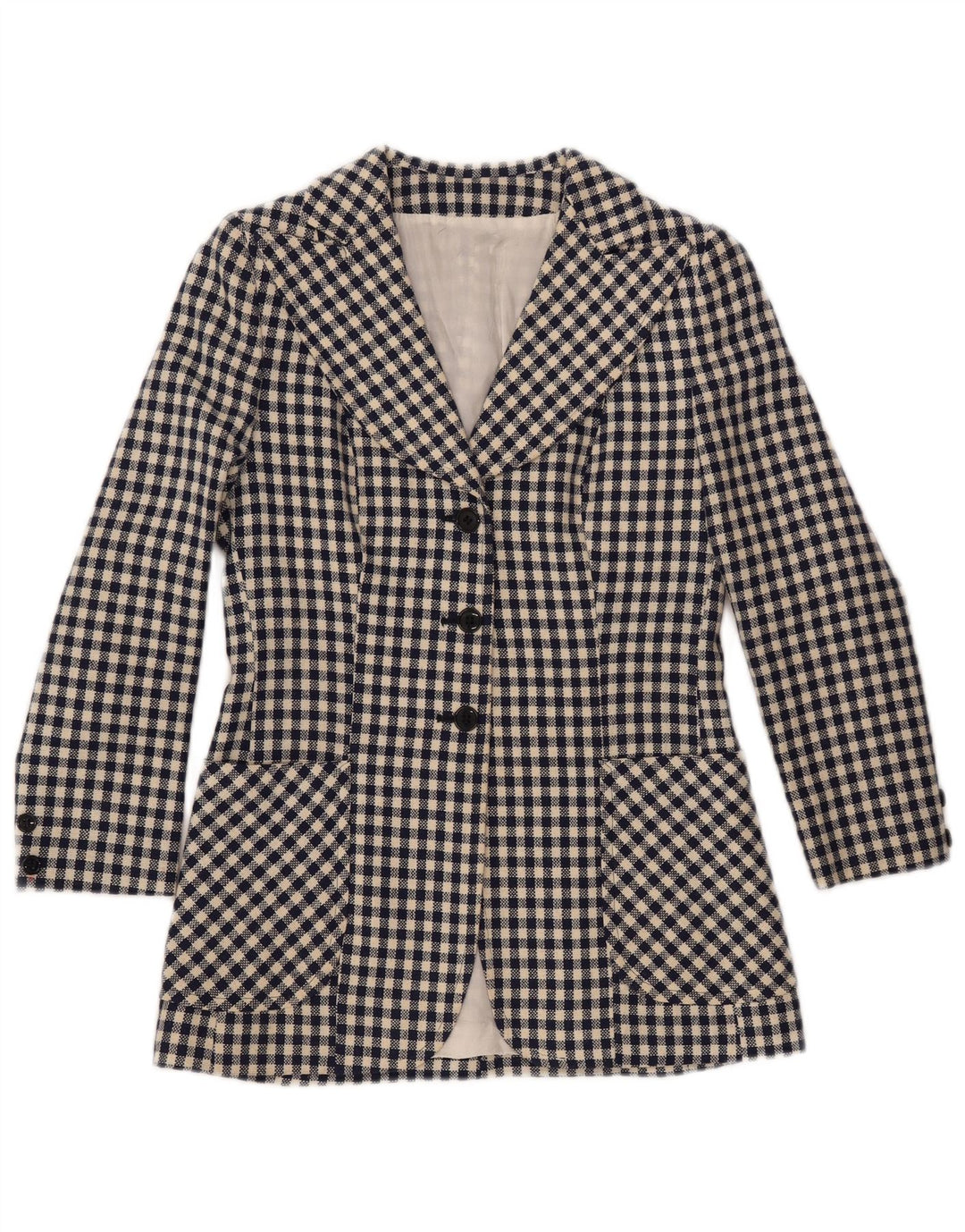 VINTAGE Γυναικείο μπλέιζερ με 3 κουμπιά μπουφάν UK 10 Small Navy Blue Gingham