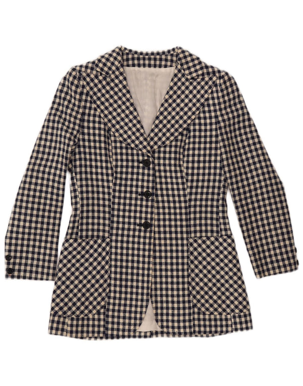 VINTAGE Γυναικείο μπλέιζερ με 3 κουμπιά μπουφάν UK 10 Small Navy Blue Gingham