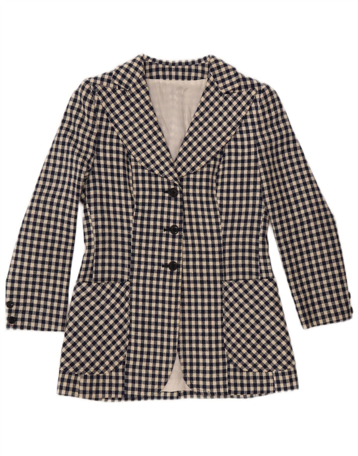 VINTAGE Γυναικείο μπλέιζερ με 3 κουμπιά μπουφάν UK 10 Small Navy Blue Gingham
