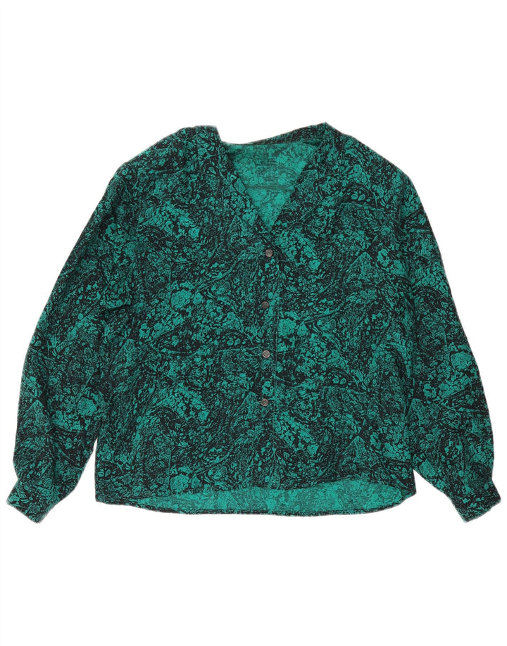 Vintage γυναικείο πουκάμισο αφηρημένο μοτίβο μπλούζα UK 16 Μεγάλο πράσινο μετάξι