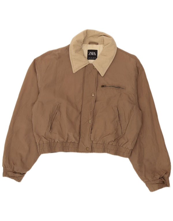 Zara Γυναικείο Crop Bomber Jacket UK 16 Large Brown Βαμβακερό