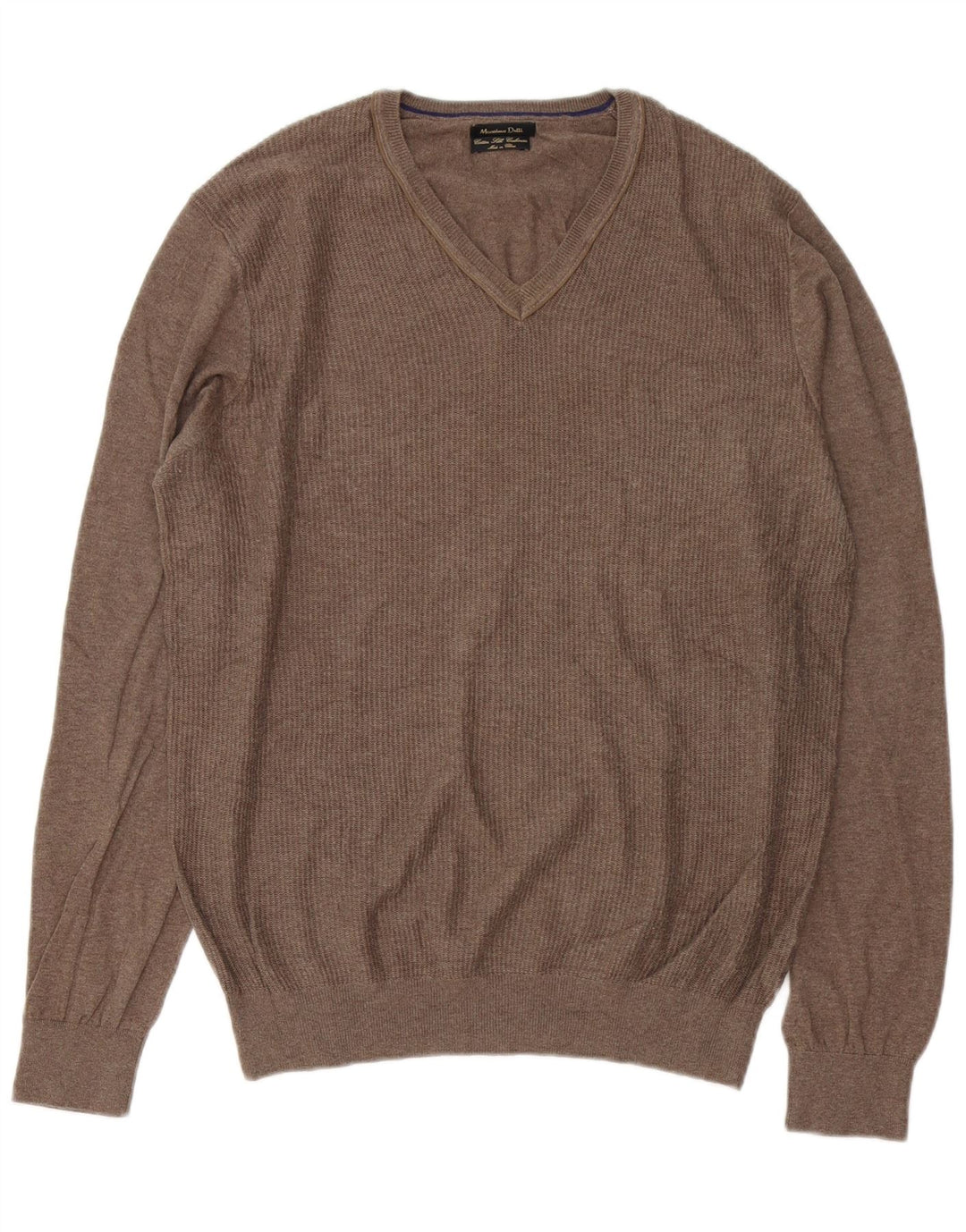 Ανδρικό πουλόβερ Massimo Dutti με V λαιμόκοψη, μεγάλο καφέ βαμβακερό