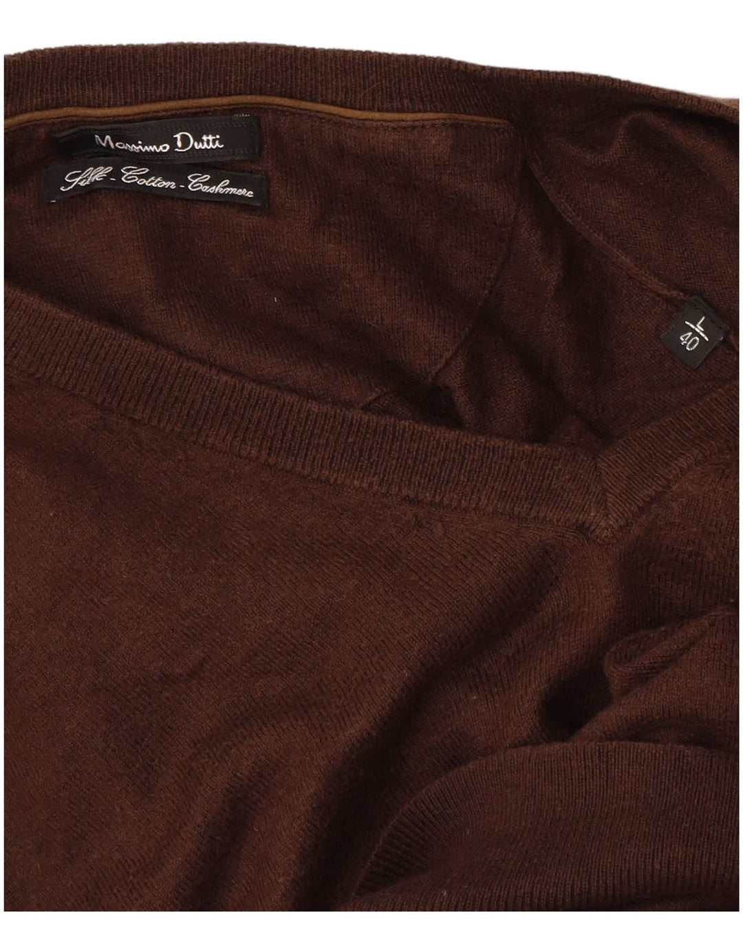Ανδρικό πουλόβερ Massimo Dutti με V λαιμόκοψη, μεγάλο καφέ βαμβακερό