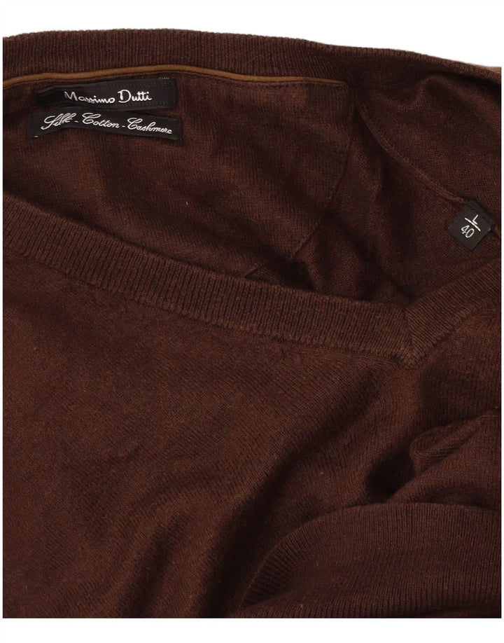 Ανδρικό πουλόβερ Massimo Dutti με V λαιμόκοψη, μεγάλο καφέ βαμβακερό
