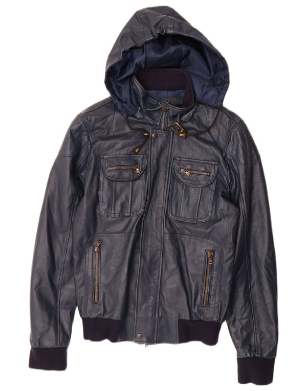 VINTAGE Γυναικείο Δερμάτινο Μπουφάν UK 14 Large Navy Blue Leather