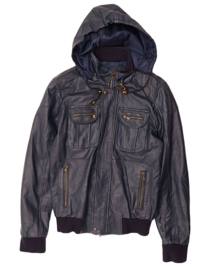 VINTAGE Γυναικείο Δερμάτινο Μπουφάν UK 14 Large Navy Blue Leather