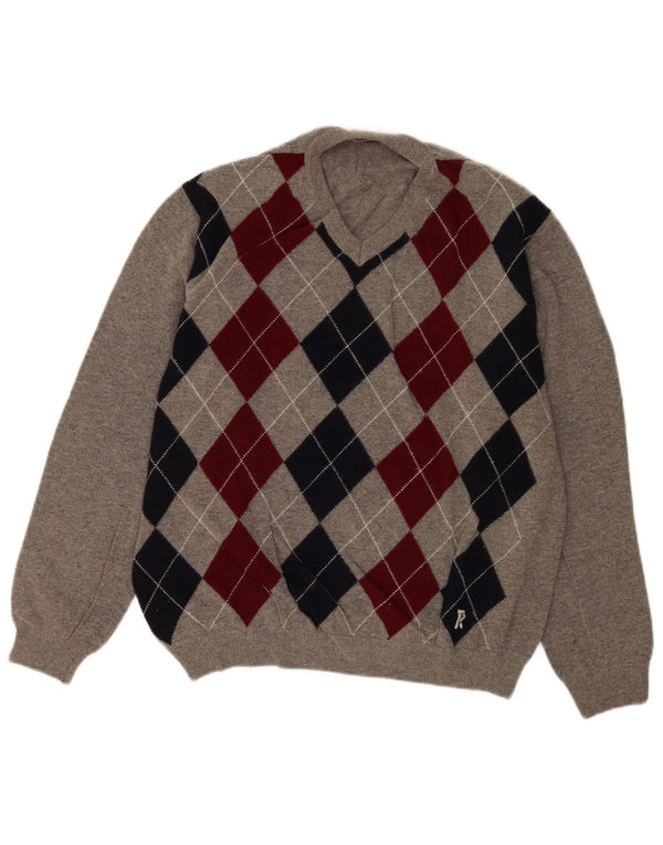 Rifle Ανδρικό πουλόβερ με λαιμόκοψη V Large Grey Argyle/Diamond Wool