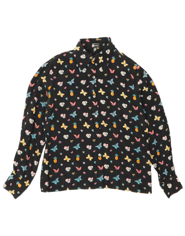 Zero Womens Graphic Shirt Blouse IT 46 Large Black Floral Silk Butterfly