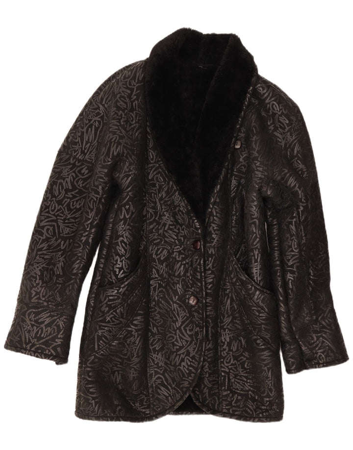 Vintage Γυναικείο Παλτό Shearling Abstract Pattern UK 14 Medium Black
