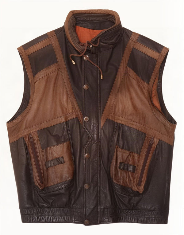 Vintage Ανδρικό Δερμάτινο Gilet IT 56 3XL Καφέ Colourblock