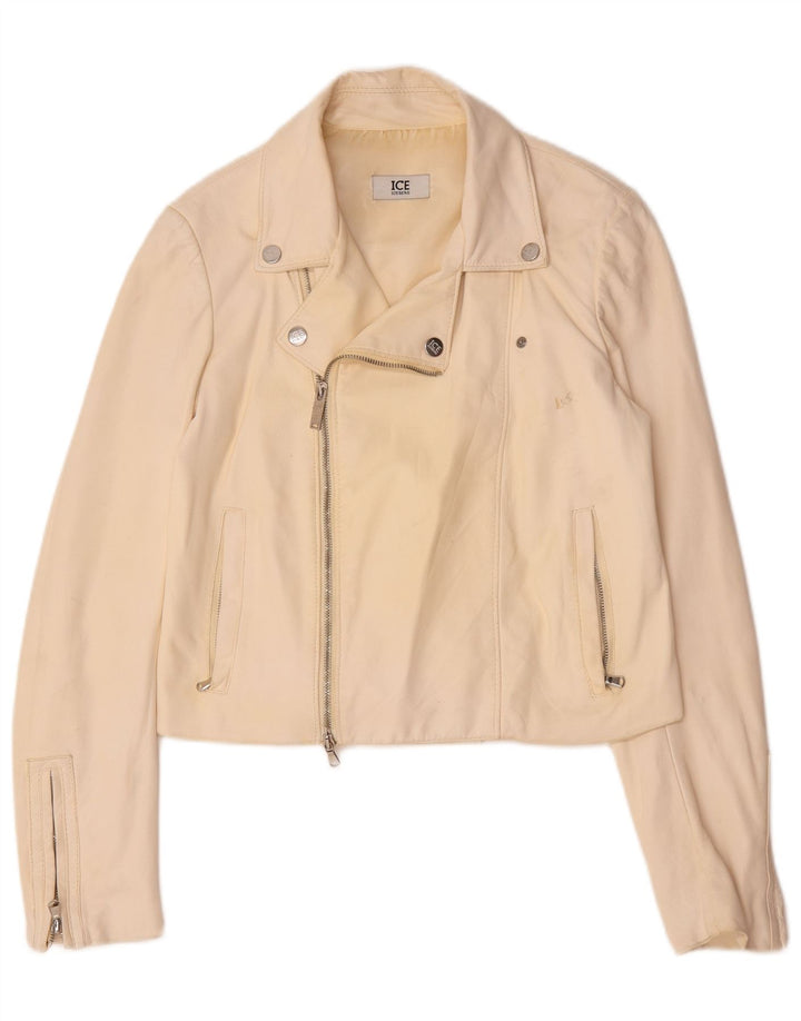 Iceberg Γυναικείο Δερμάτινο Μπουφάν Biker UK 14 Medium Off White Δερμάτινο