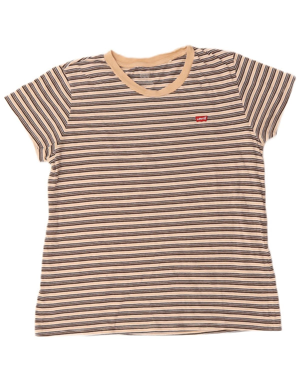LEVI'S Γυναικείο T-Shirt Top UK 16 μεγάλο μπεζ ριγέ βαμβακερό