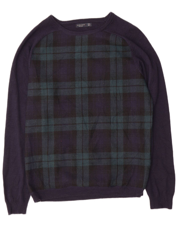 Ανδρικό πουλόβερ ZARA Boat Neck Jumper XL Navy Blue Check