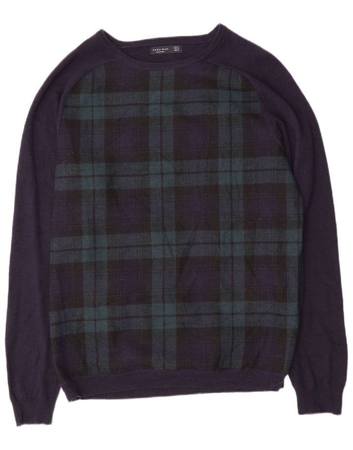 Ανδρικό πουλόβερ ZARA Boat Neck Jumper XL Navy Blue Check