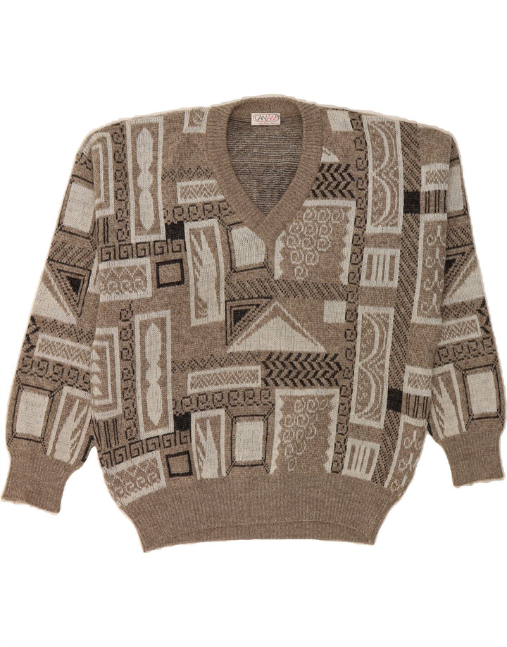CAN AM Mens V-Neck Jumper Sweater Large Grey Geometric Vintage Can Am and Second-Hand Can Am from Messina Hembry 