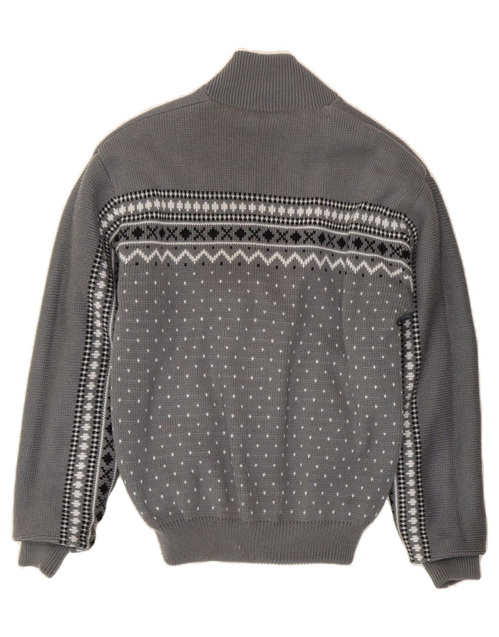 VINTAGE Mens Cardigan Sweater Medium Grey Fair Isle Polyacrylic Vintage Vintage and Second-Hand Vintage from Messina Hembry 