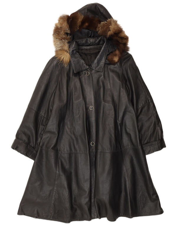 Γυναικείο δερμάτινο παλτό VINTAGE με κουκούλα Loose Fit UK 14 Medium Black Leather