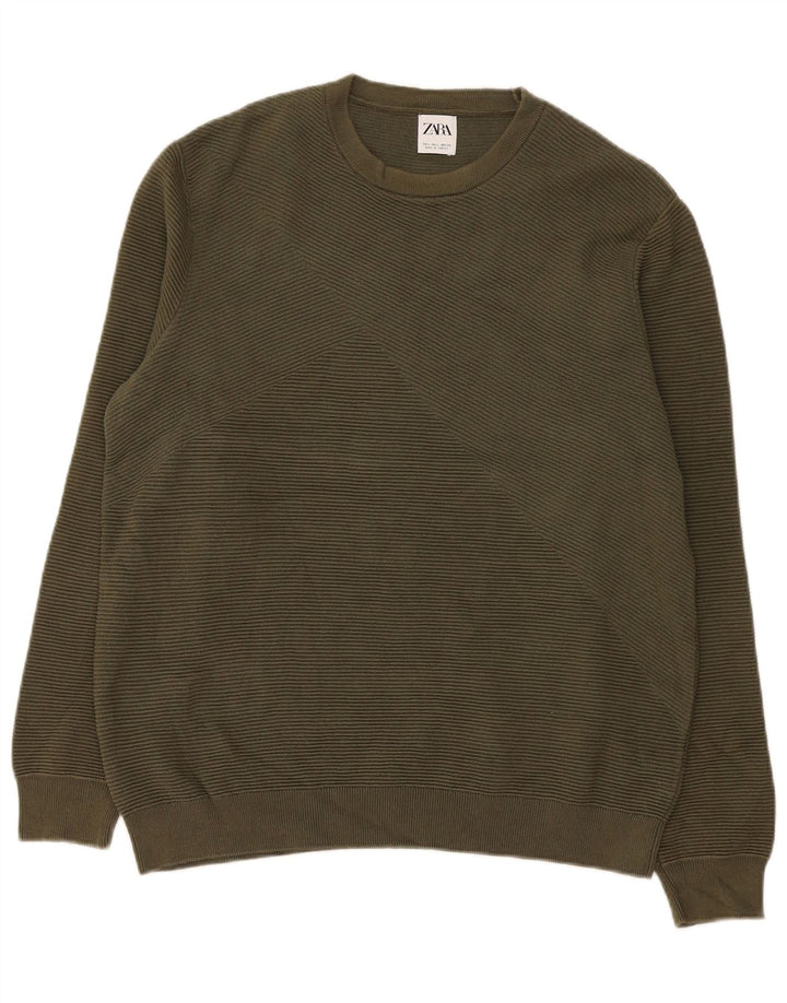 Ανδρικό πουλόβερ Zara Crew Neck Jumper Μεγάλο Χακί Βαμβακερό