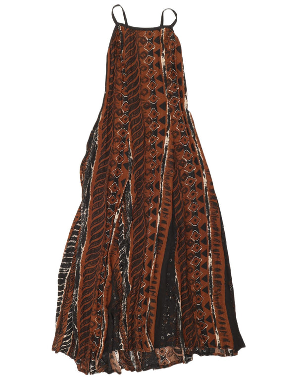 Vintage γυναικείο αμάνικο μάξι φόρεμα UK 12 μεσαίου καφέ γεωμετρική βισκόζη