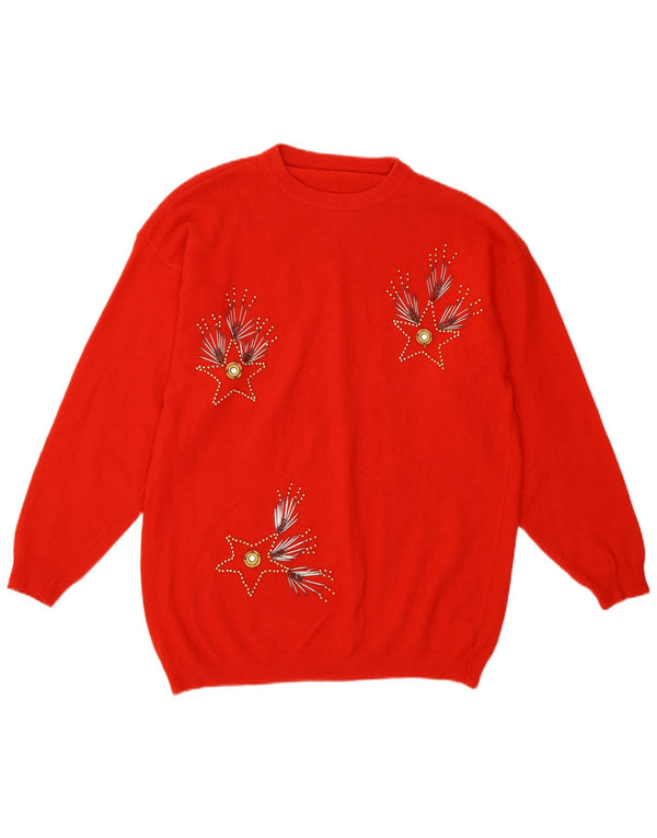 Vintage γυναικείο Abstract Pattern πουλόβερ με λαιμόκοψη UK 14 Medium Red