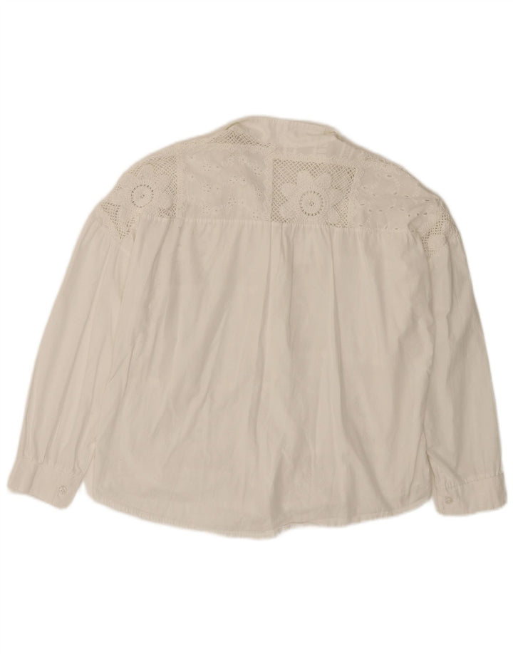 VINTAGE Γυναικείο πουκάμισο 3/4 μανίκι μπλούζα UK 14 Μεσαίο λευκό βαμβακερό φλοράλ