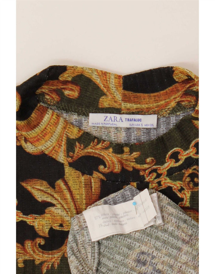Zara Γυναικείο Crop Top Μακρύ μανίκι UK 10 Small Black Paisley Polyester