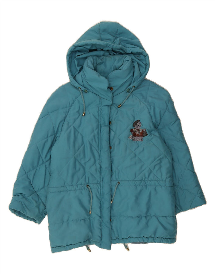LES COPAINS Womens Oversized Graphic Padded Jacket EU 40 Medium Blue Vintage Les Copains and Second-Hand Les Copains from Messina Hembry 