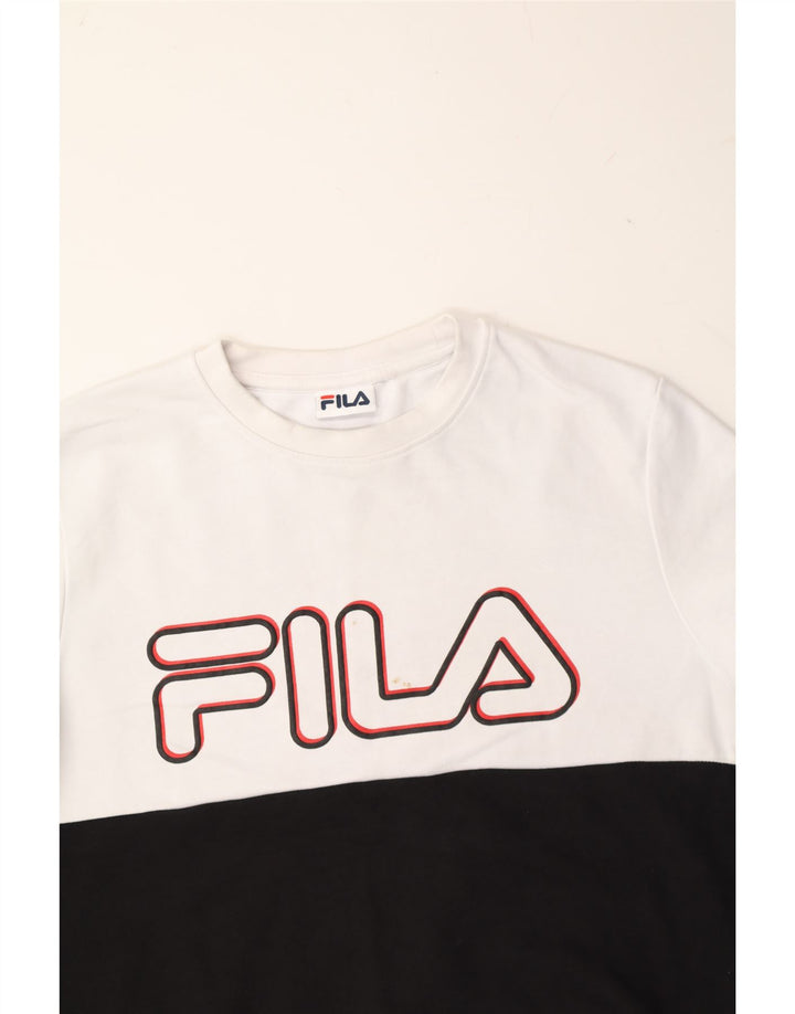FILA Mens Graphic Sweatshirt Jumper Medium White Colourblock Cotton Vintage Fila and Second-Hand Fila from Messina Hembry 