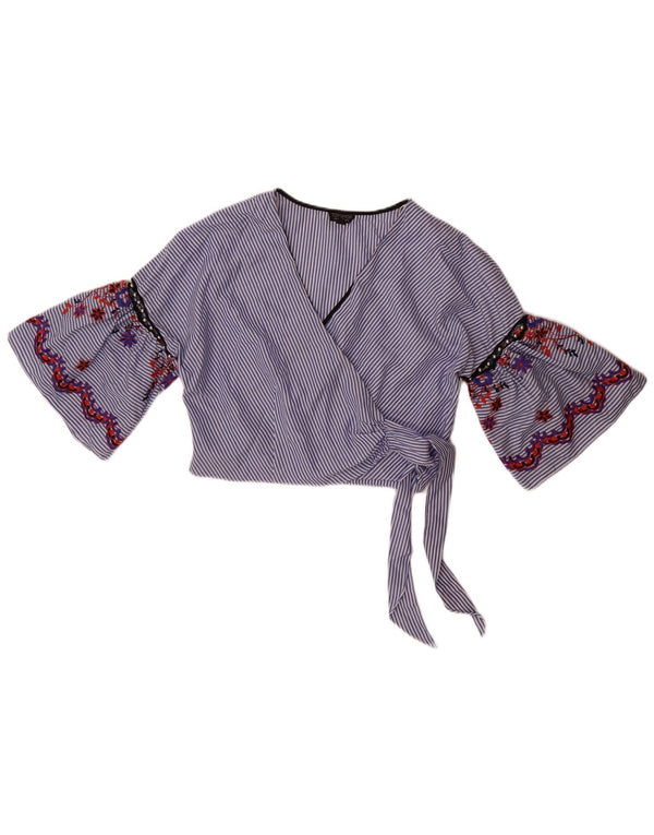 Topshop Γυναικείο πουκάμισο με μανίκια Crop 3/4 Μπλούζα UK 14 Large Blue ριγέ