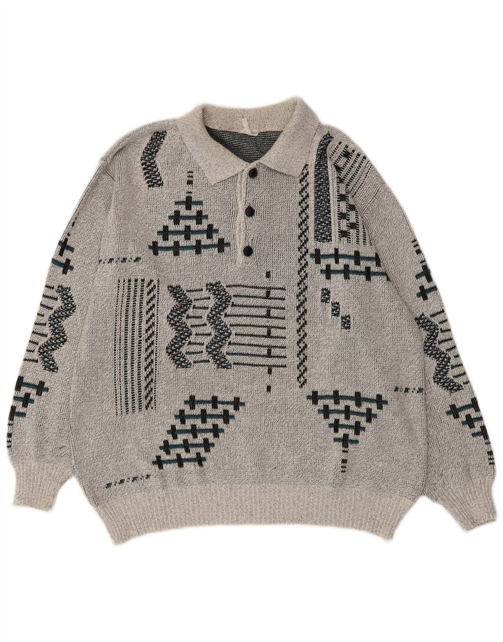 Vintage ανδρικό πουλόβερ με λαιμόκοψη UK 38/40 μεσαίου γκρι γεωμετρικό